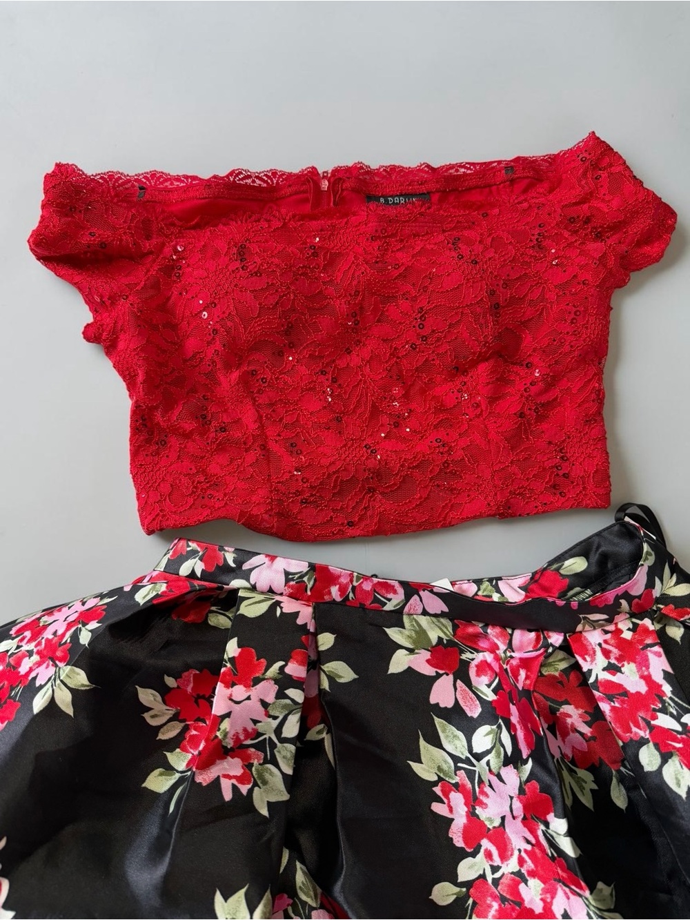 B. Darlin 2 Piece Midi Homecoming Dress Juniors 11/12 Red Lace Crop Floral Skirt